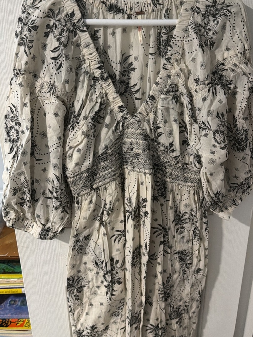 Free People Black & Cream Floral V-Neck Smocked Midi Dress